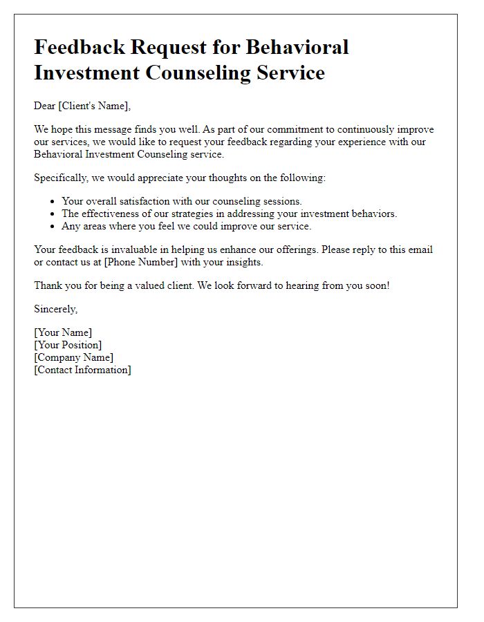 Letter template of behavioral investment counseling service for client feedback request