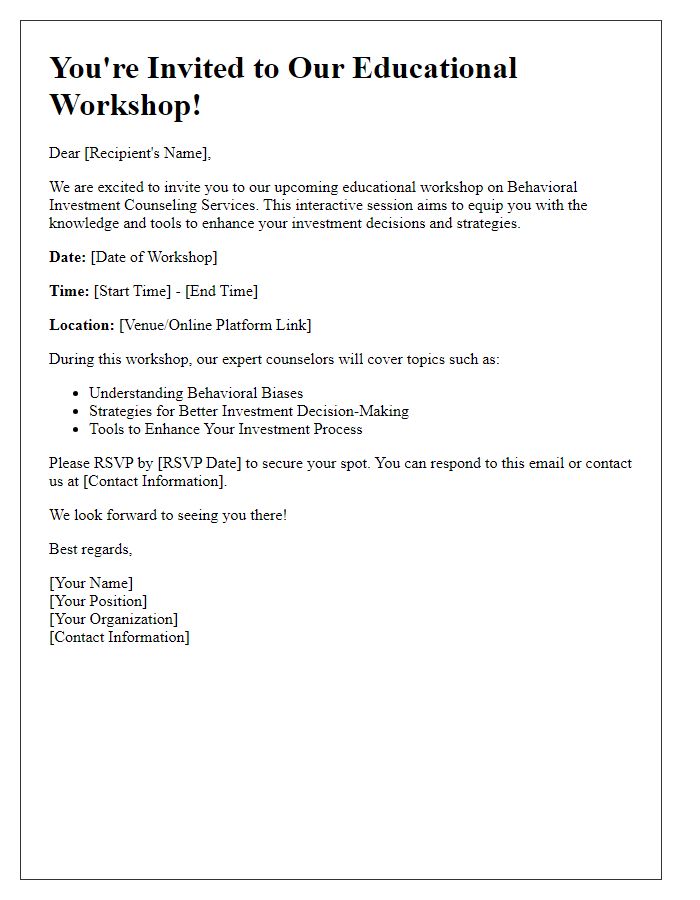 Letter template of behavioral investment counseling service for educational workshop invitation