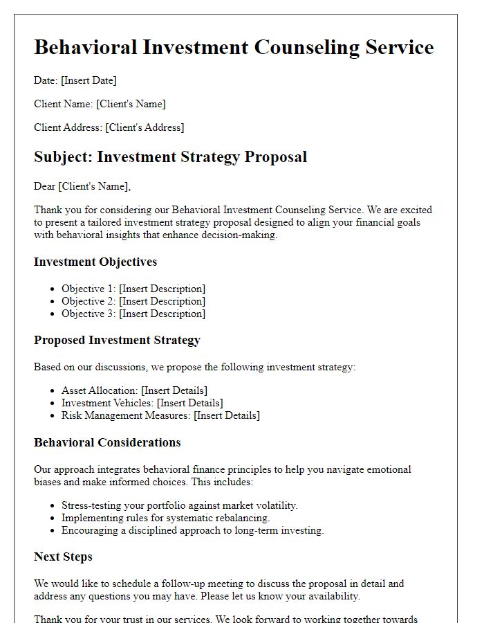 Letter template of behavioral investment counseling service for investment strategy proposal