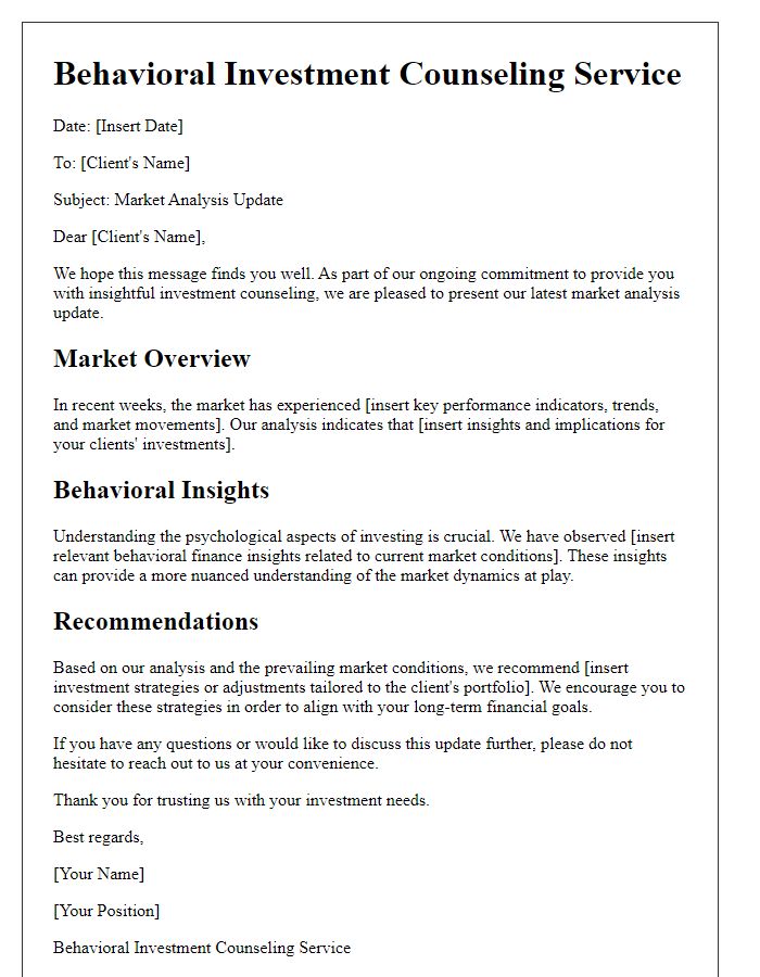 Letter template of behavioral investment counseling service for market analysis update