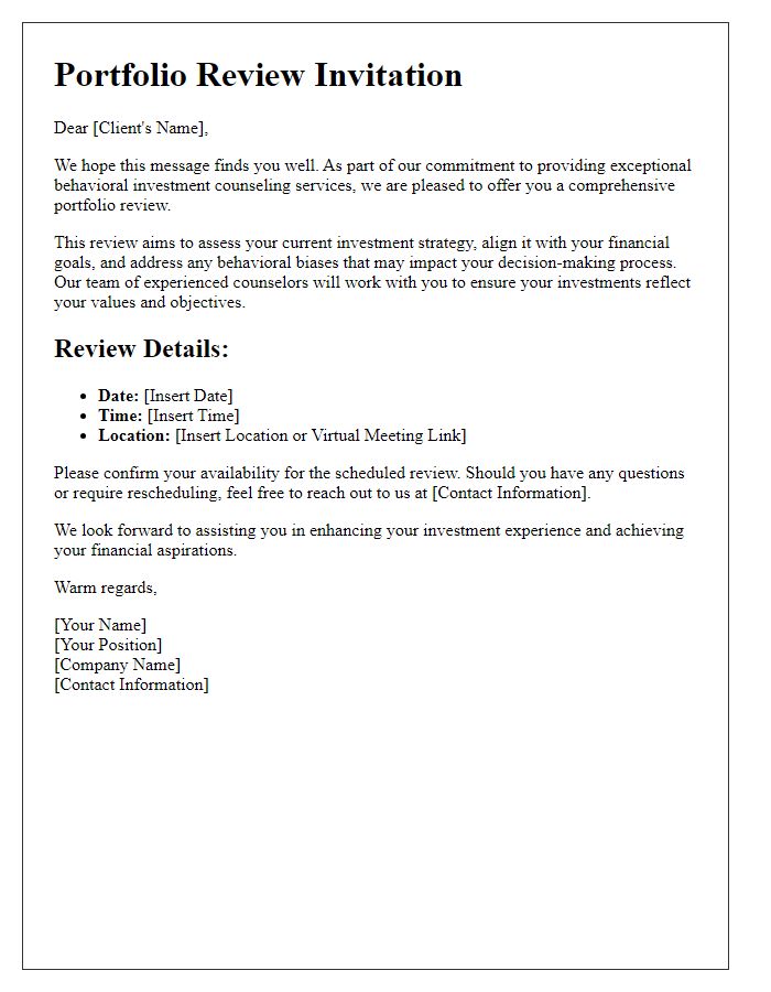 Letter template of behavioral investment counseling service for portfolio review