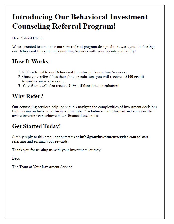 Letter template of behavioral investment counseling service for referral program announcement