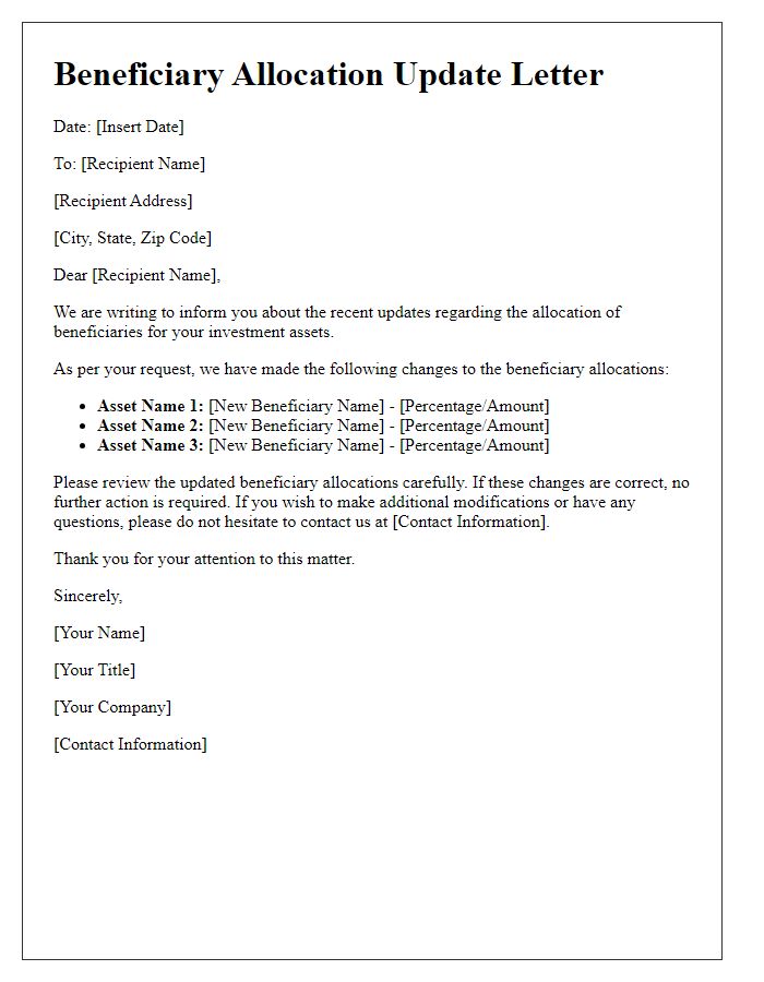 Letter template of beneficiary allocation update for investment assets