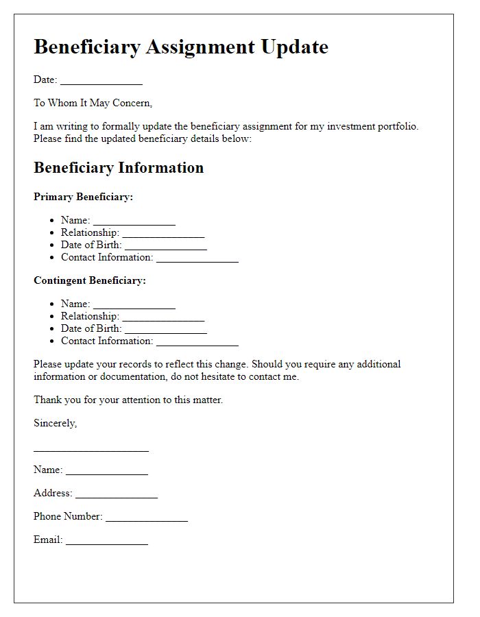 Letter template of beneficiary assignment update for investment portfolio