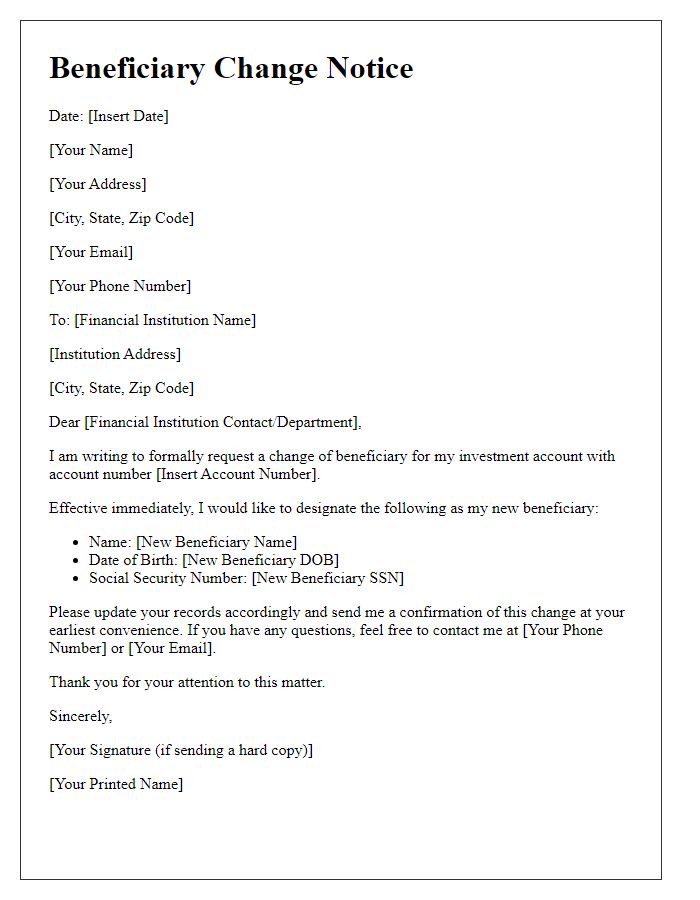 Letter template of beneficiary change notice for investment accounts