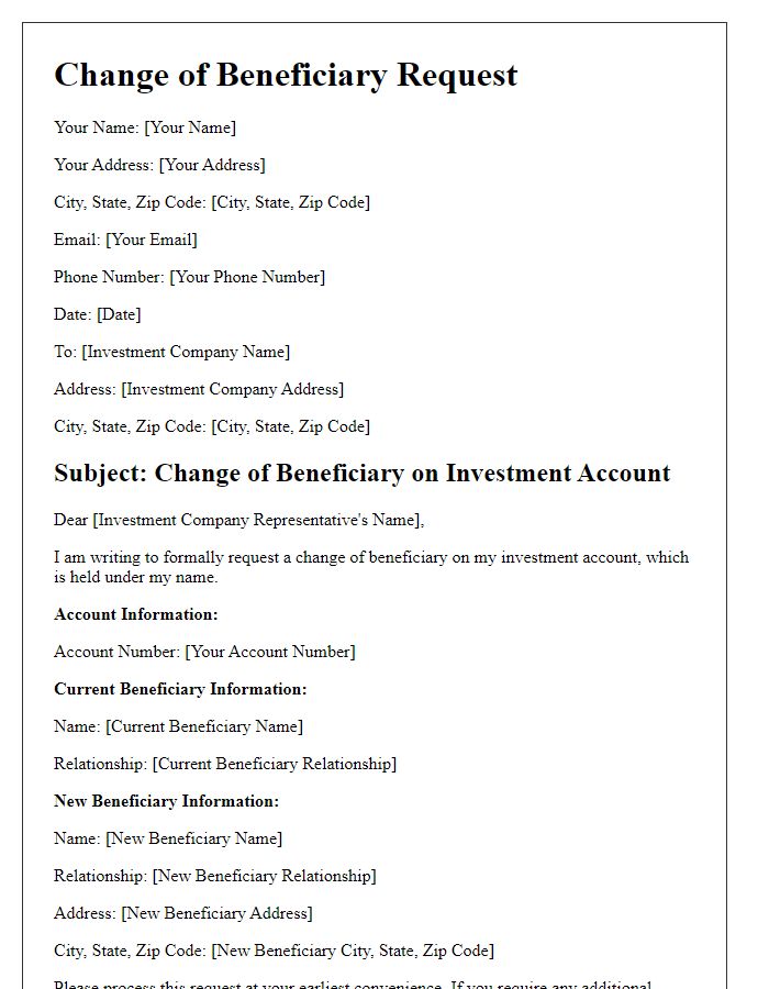 Letter template of changes to beneficiary on investment accounts