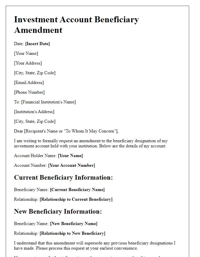 Letter template of investment account beneficiary amendment