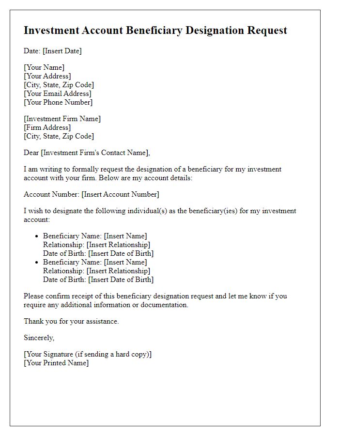 Letter template of investment account beneficiary designation request