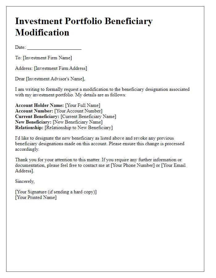 Letter template of investment portfolio beneficiary modification