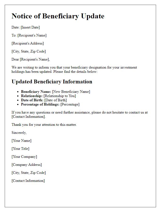 Letter template of notice of beneficiary update for investment holdings