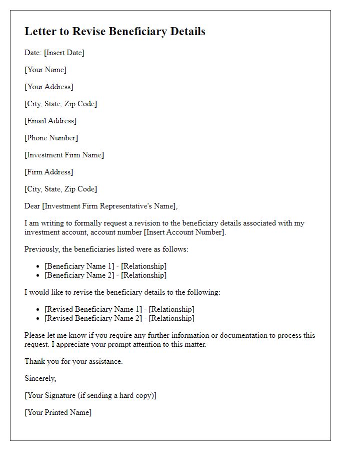 Letter template of revision to investment account beneficiary details