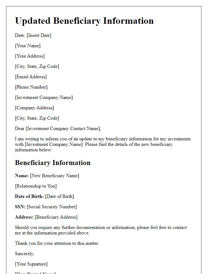 Letter template of updated beneficiary information for investments