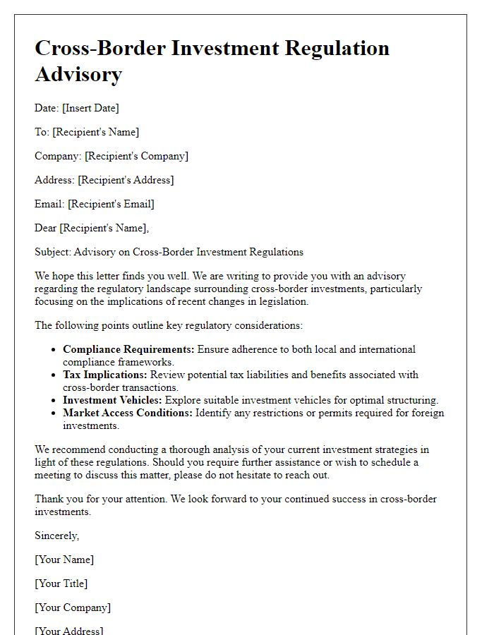 Letter template of cross-border investment regulation advisory.