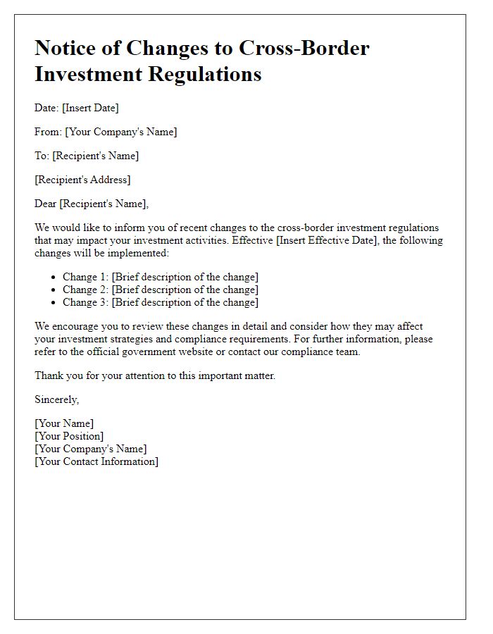 Letter template of cross-border investment regulation changes notice.