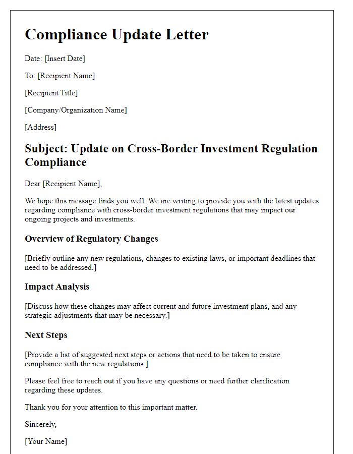 Letter template of cross-border investment regulation compliance update.