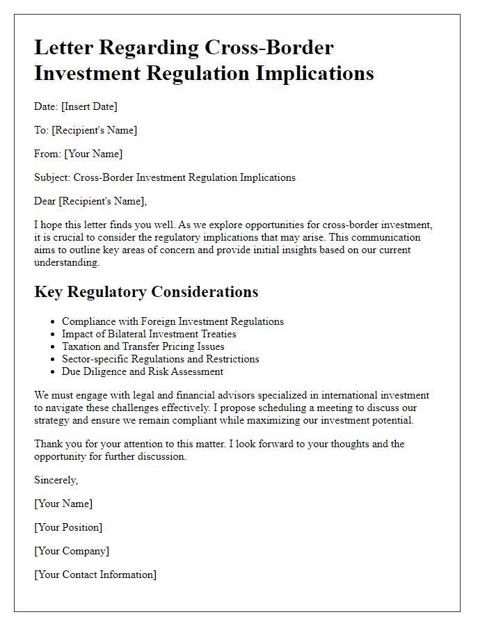 Letter template of cross-border investment regulation implications.