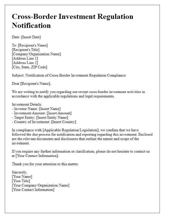 Letter template of cross-border investment regulation notification.