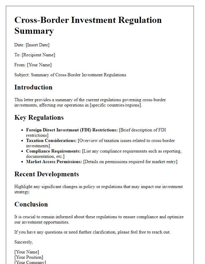 Letter template of cross-border investment regulation summary.