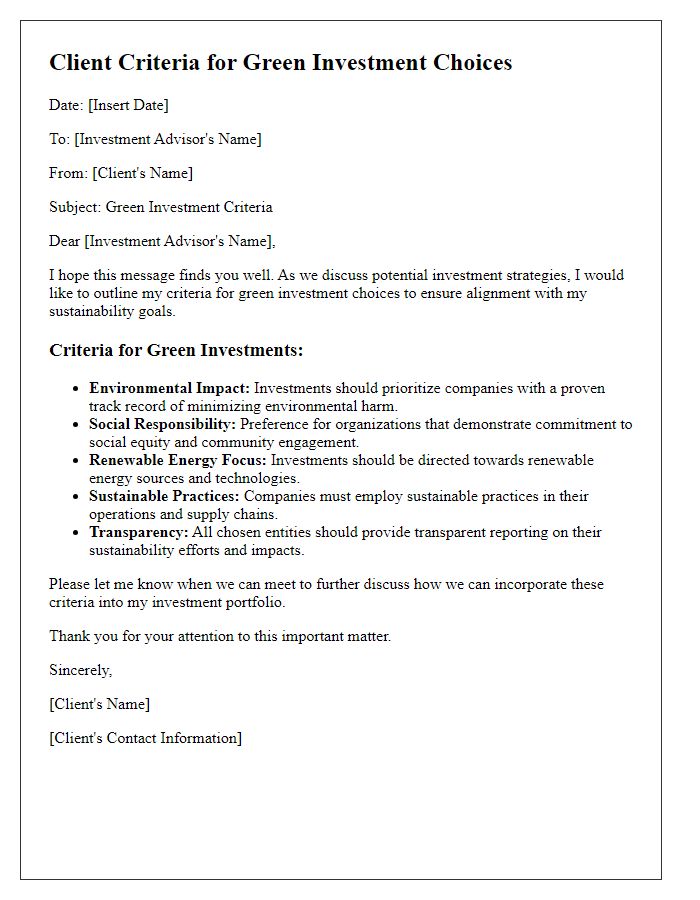 Letter template of client criteria for green investment choices