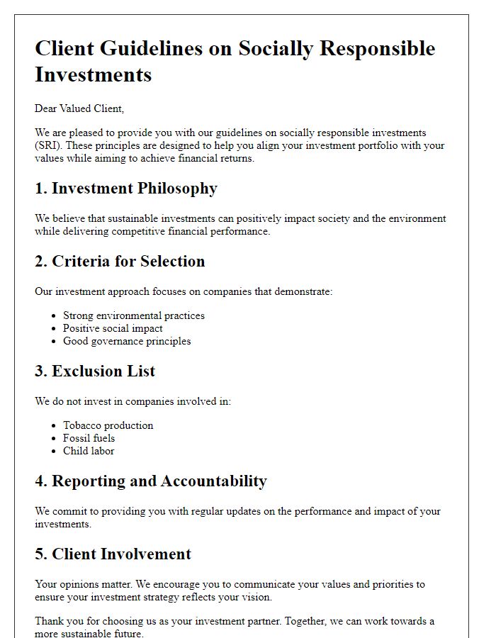 Letter template of client guidelines on socially responsible investments