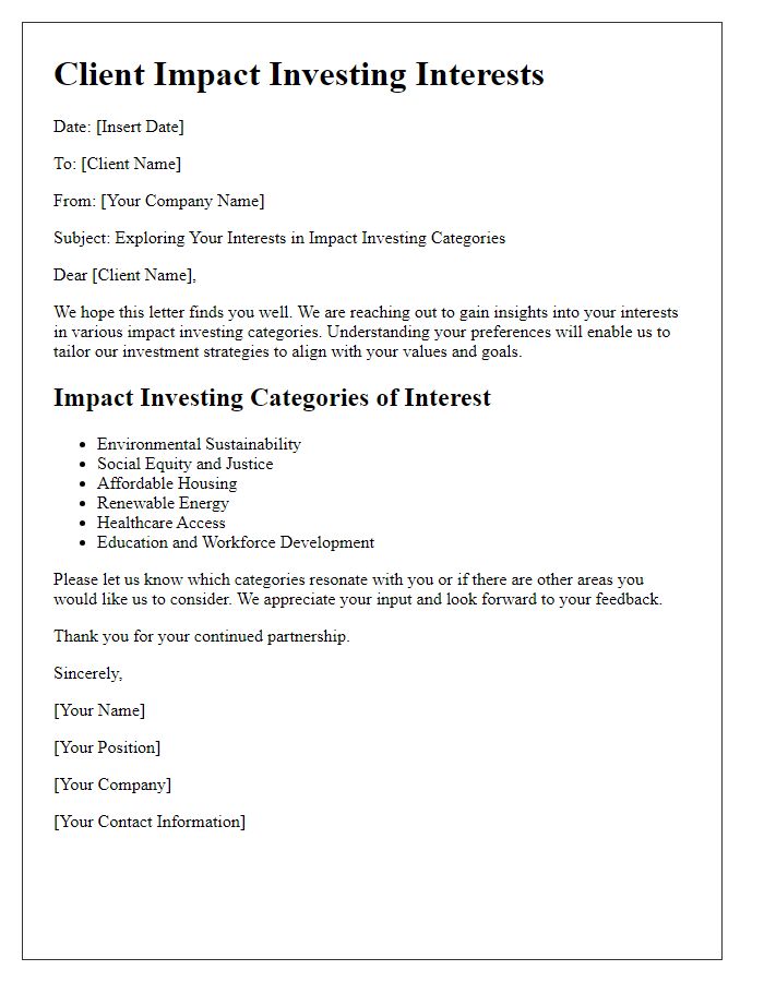 Letter template of client interests in impact investing categories