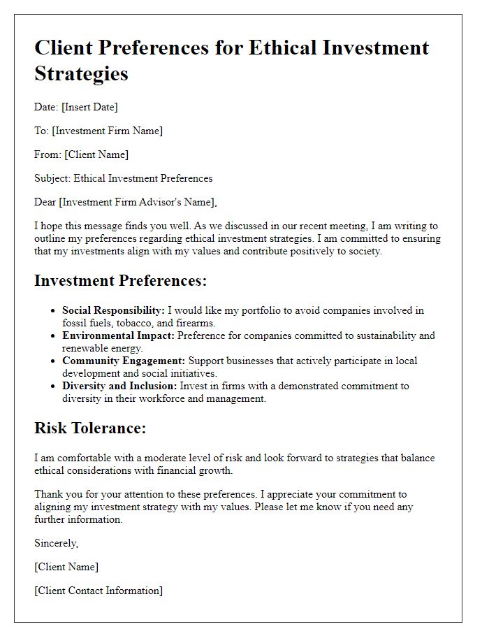 Letter template of client preferences for ethical investment strategies