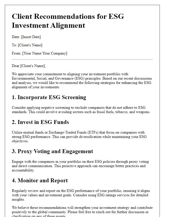 Letter template of client recommendations for ESG investment alignment