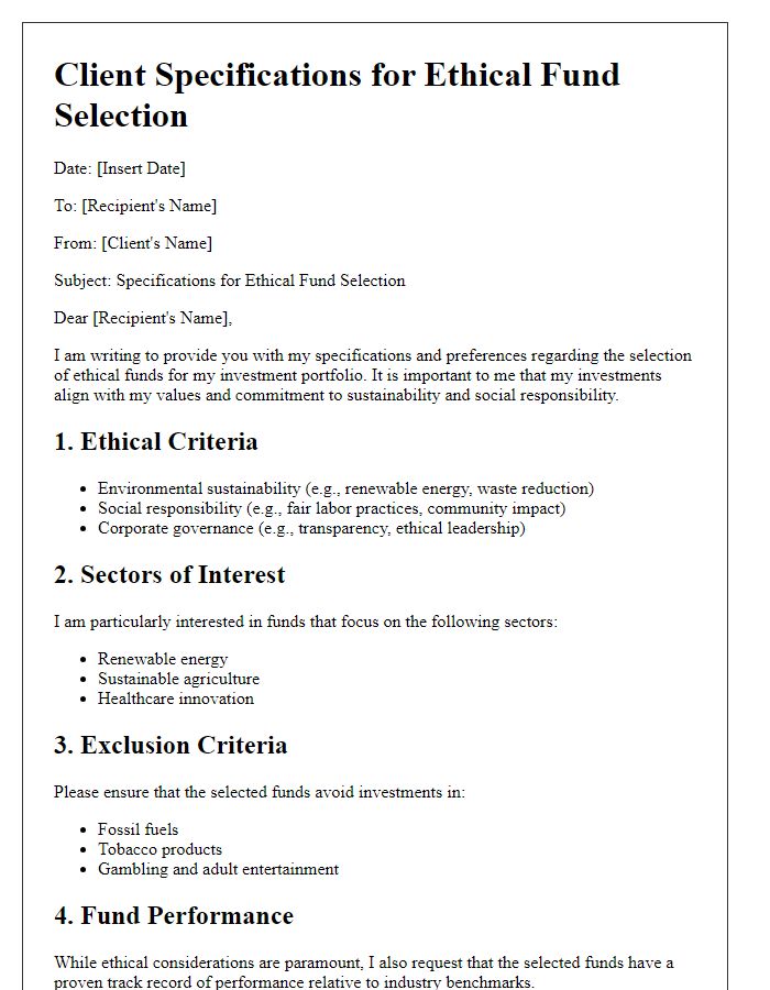 Letter template of client specifications for ethical fund selection