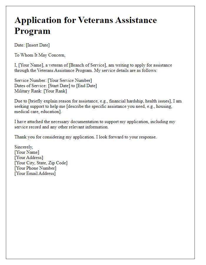 Letter template of application for veterans assistance program