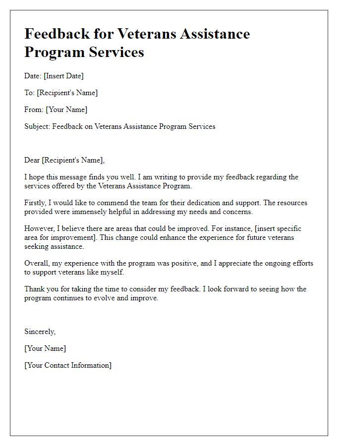 Letter template of feedback for veterans assistance program services