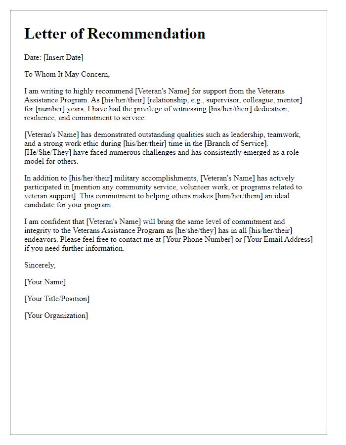 Letter template of recommendation for veterans assistance program support