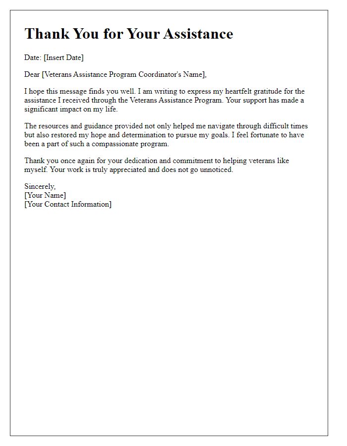 Letter template of thank you for veterans assistance program help