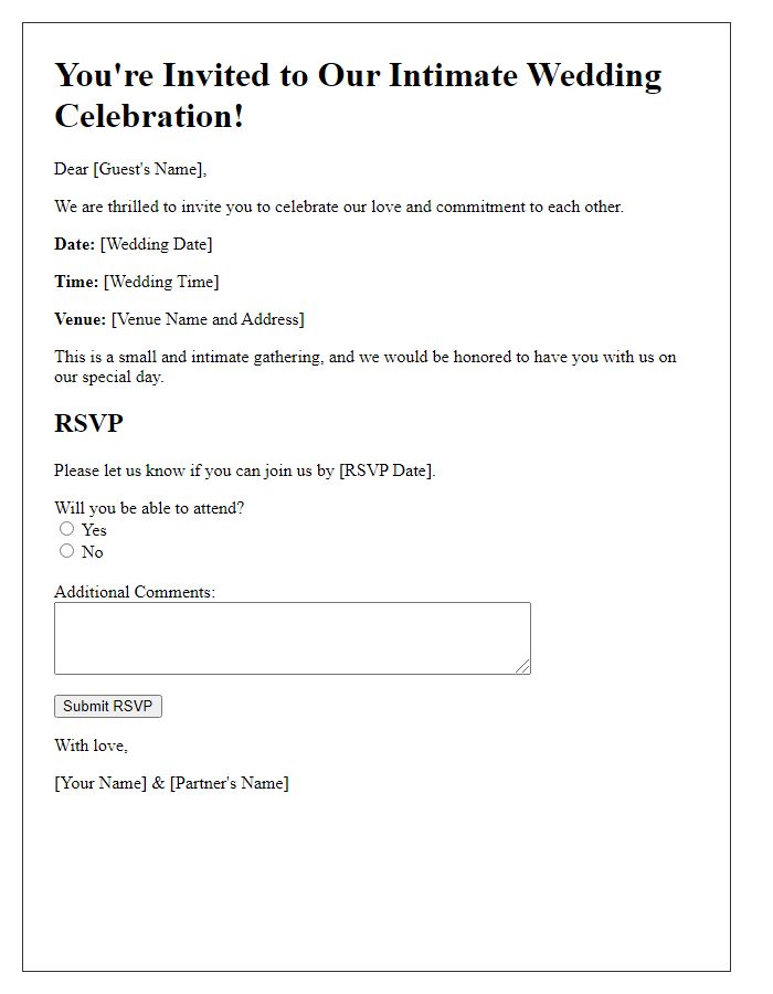 Letter template of wedding invitation RSVP for intimate ceremonies