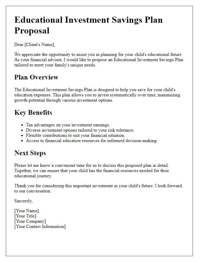 Letter template of an educational investment savings plan for financial advisors.