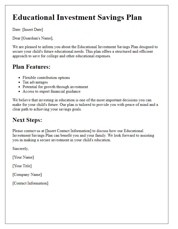 Letter template of an educational investment savings plan for guardians.