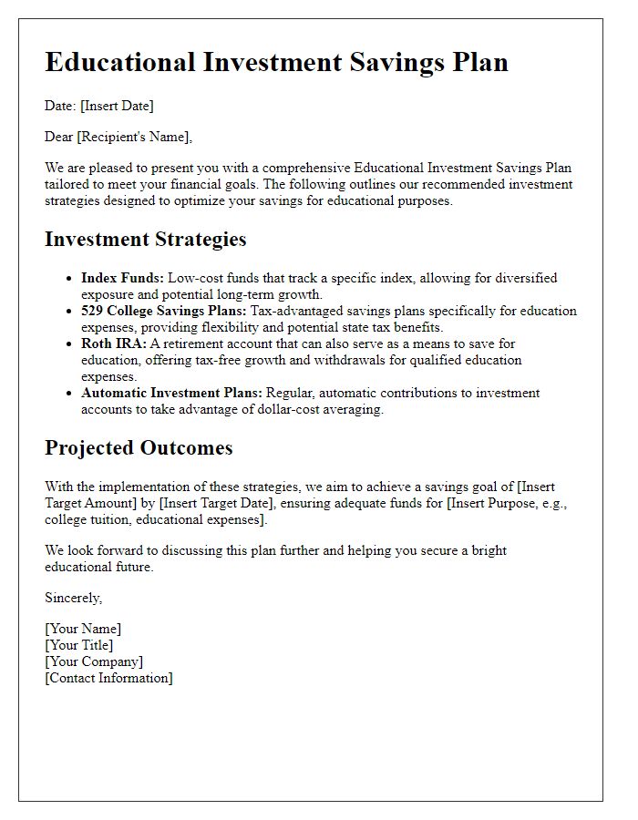 Letter template of an educational investment savings plan for investment strategies.