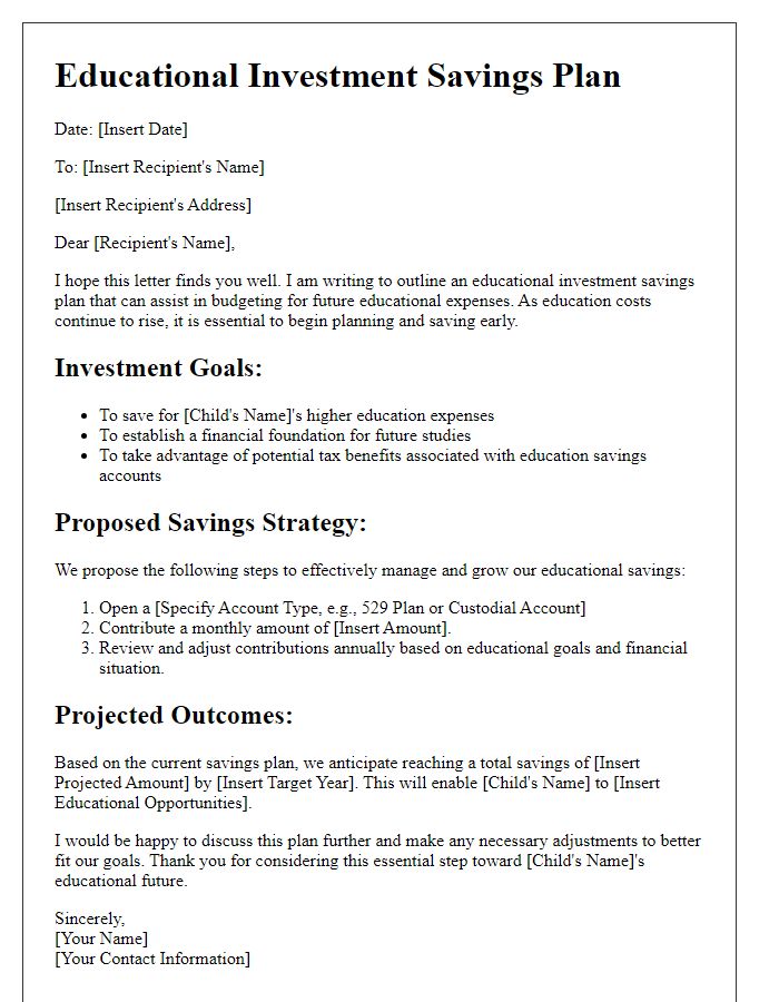 Letter template of an educational investment savings plan for personal budgeting.