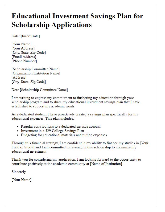 Letter template of an educational investment savings plan for scholarship applications.