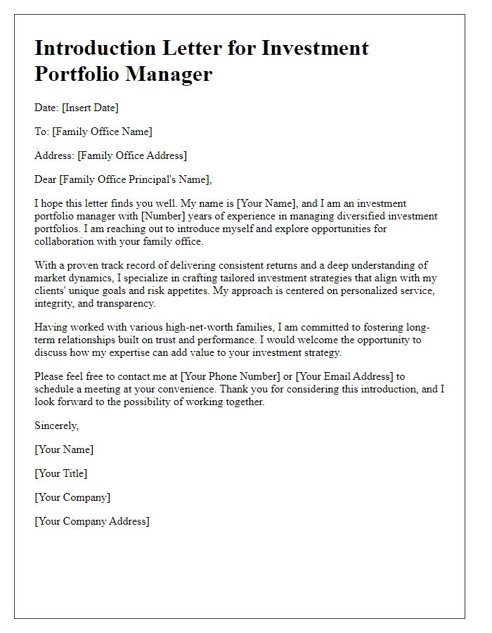 Letter template of investment portfolio manager introduction for family offices