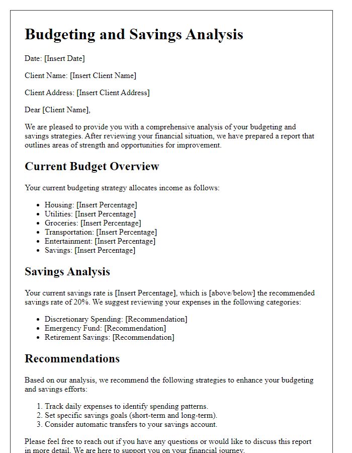 Letter template of budgeting and savings analysis for clients