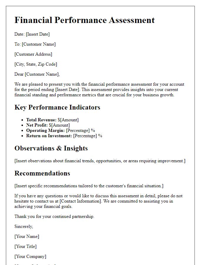 Letter template of financial performance assessment for customers