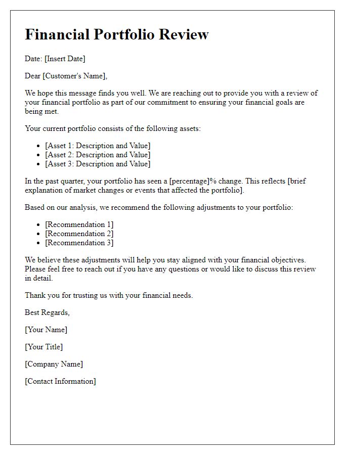 Letter template of financial portfolio review for customers