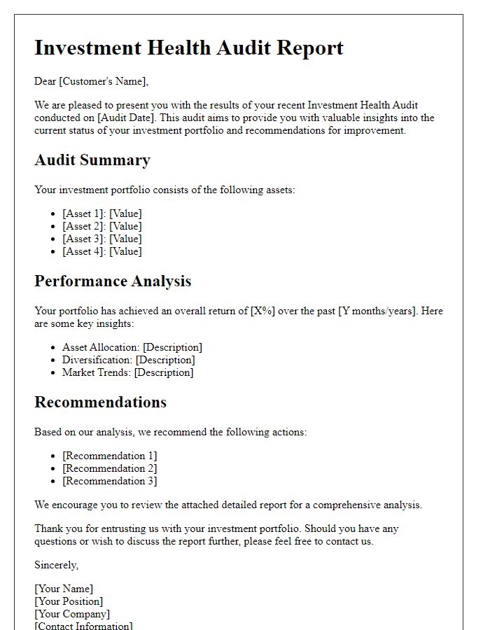 Letter template of investment health audit for customers