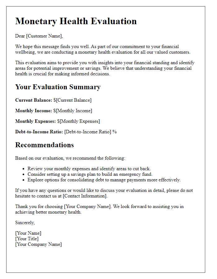 Letter template of monetary health evaluation for customers