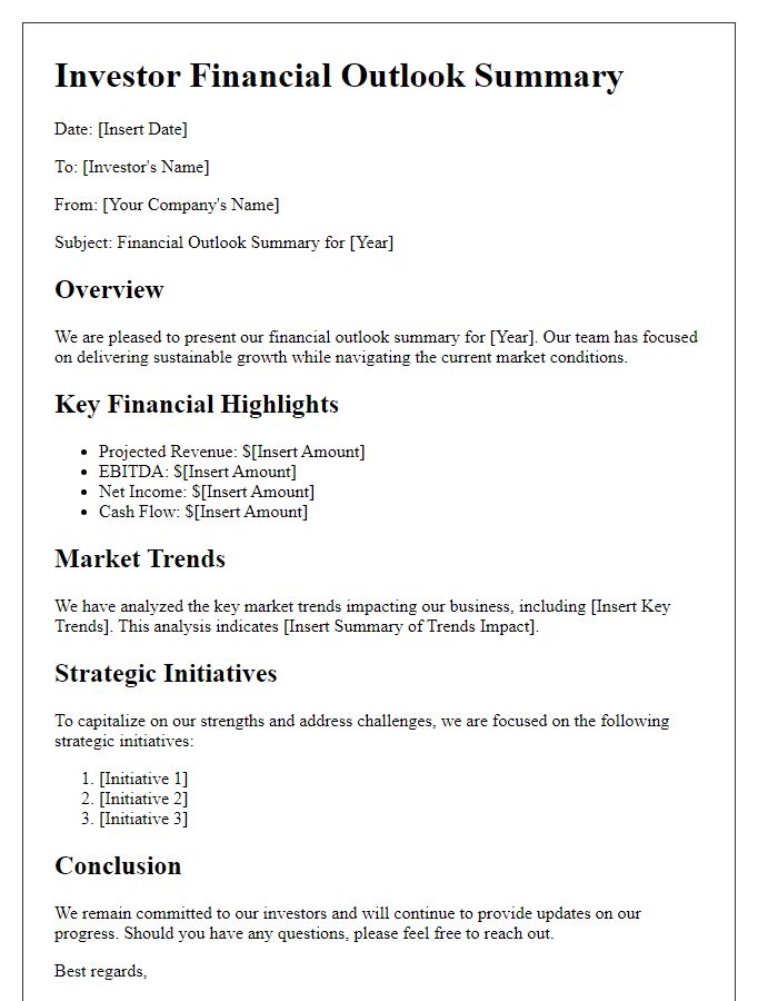 Letter template of Investor Financial Outlook Summary