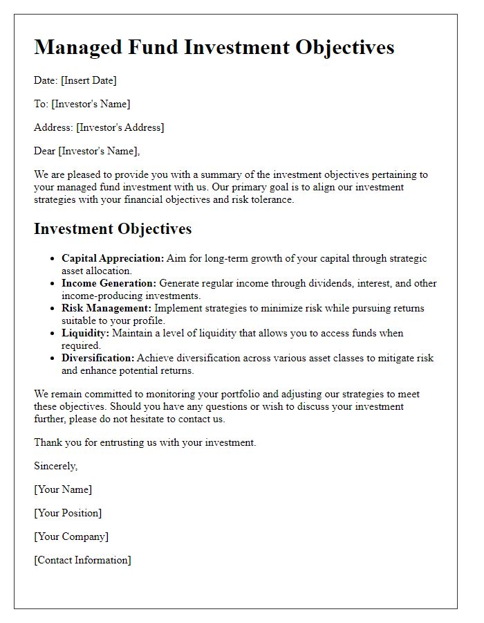 Letter template of managed fund investment objectives