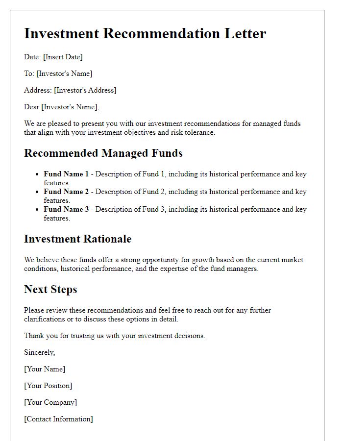 Letter template of managed fund investment recommendations