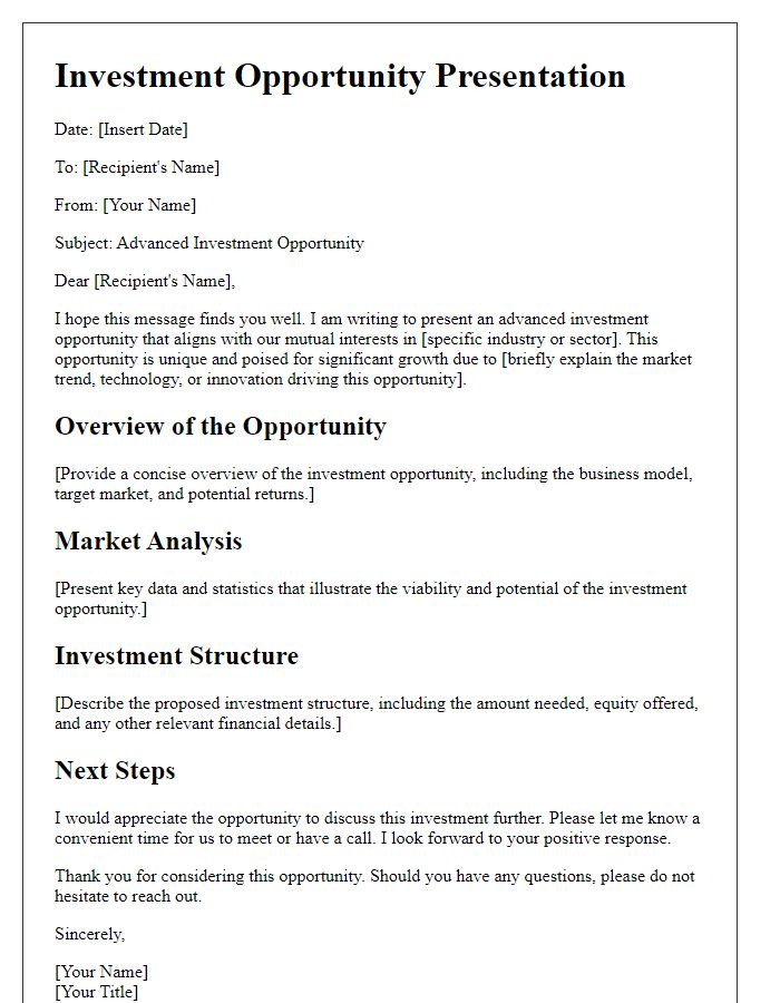 Letter template of advanced investment opportunity presentation