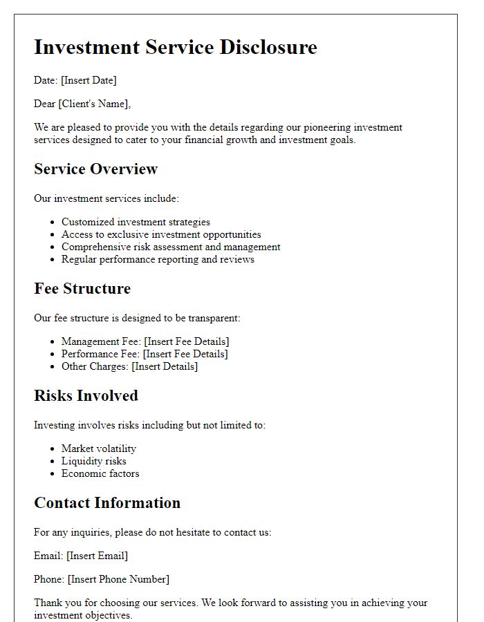 Letter template of pioneering investment service disclosure