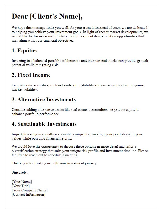 Letter template of client-focused investment diversification opportunities